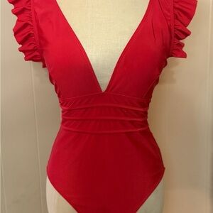 Womens Red Ruffled sleeve, One-Piece Swimsuit